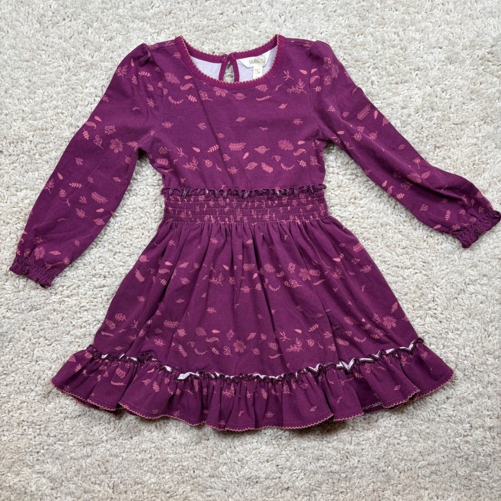 Matilda Jane Girls Plum Purple Botanical Leaf Print Smocked Waist Dress Size 4